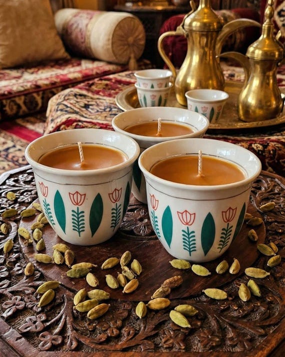 Cardamom, Rose Oud, or Vanilla Scented Arabic Coffee Candle | Organic Soy & Color-Changing Wax | Traditional Finjan Cup | Ink and Infuse