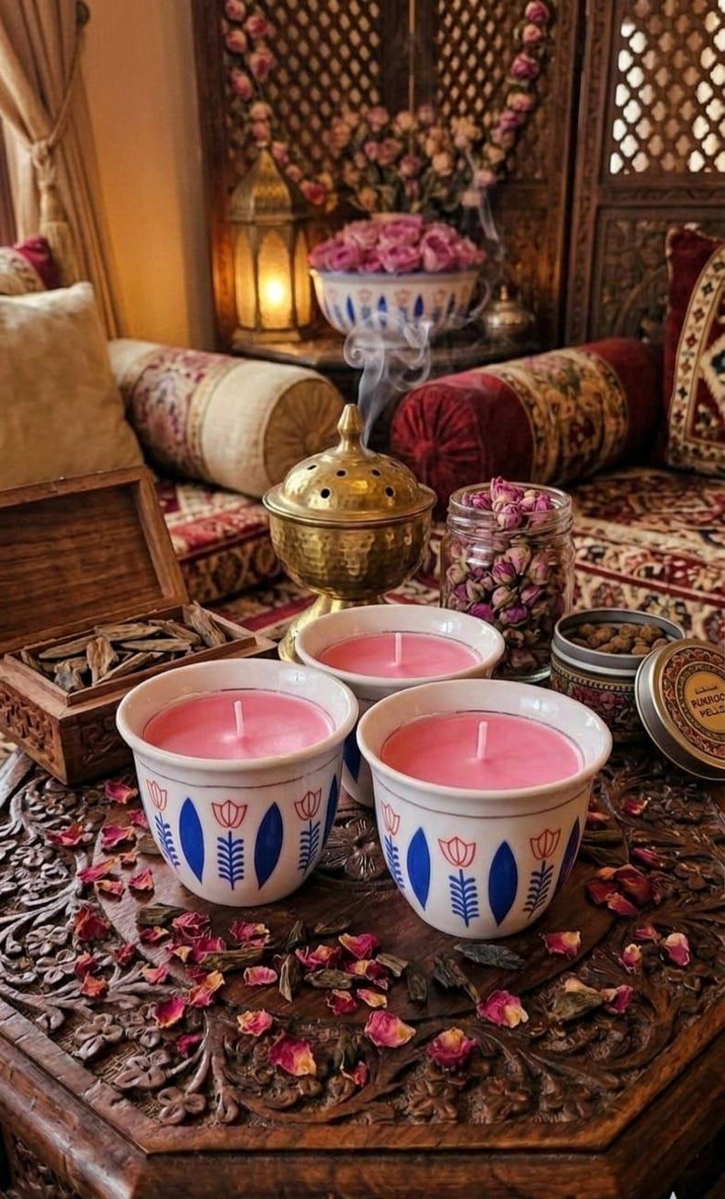 Cardamom, Rose Oud, or Vanilla Scented Arabic Coffee Candle | Organic Soy & Color-Changing Wax | Traditional Finjan Cup | Ink and Infuse Rose Oud / Blue