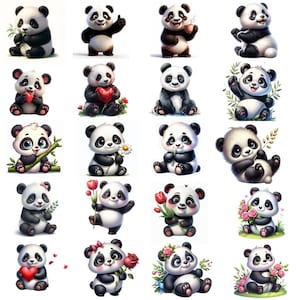 May include: A collection of sixteen adorable panda bear illustrations. Each panda is depicted in a unique pose, holding items like flowers, hearts, and bamboo. The pandas are primarily black and white with some featuring red and green accents.