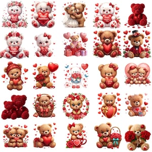 May include: A collection of various teddy bear designs, perfect for Valentine's Day. The bears are in different poses, holding hearts, flowers, and gifts. Some bears are white, others are brown, and some are red. The image is filled with hearts and roses.
