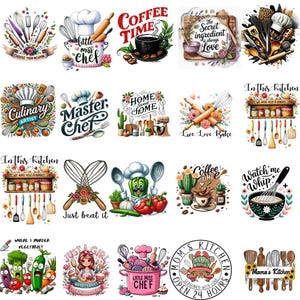 Peut inclure: Une collection d'autocollants colorés sur le thème de la cuisine, avec divers motifs. Les motifs incluent des phrases comme "Coffee Time", "Master Chef" et "Live Love Bake", ainsi que des images d'ustensiles de cuisine et d'aliments.