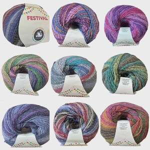 May include: Nine balls of multi-coloured yarn, each with a label reading "Festival". The yarn features a variety of hues, including blues, purples, greens, and oranges. The labels display a swan logo and the words "Hand Knitting Yarns".