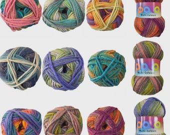 May include: A collection of colorful yarn balls in various shades of pink, blue, green, orange, and purple. Some balls are wrapped with labels that read "polo Multi Colours". The yarn appears to be soft and suitable for knitting or crocheting projects.