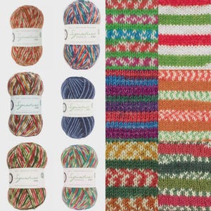 May include: A selection of colourful yarn skeins and knitted fabric swatches. The yarn balls are in shades of brown, blue, green, and red. The knitted swatches display various patterns and colour combinations, including stripes and geometric designs.