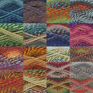 以下が含まれることがあります： 16色の毛糸の束のグリッド。各束は、青、緑、オレンジ、紫など、さまざまな色のユニークなブレンドを示しています。糸は太く、質感があり、編み物やかぎ針編みのプロジェクトに適しています。