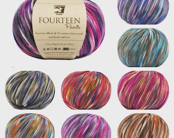 May include: A collection of colorful yarn balls. The main ball has a label that reads "FOURTEEN PAINTS" and "luxurious blend of 19-micron merino wool and finest cashmere." The yarn balls display a variety of colors, including pink, purple, blue, and brown.