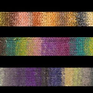 May include: Three close-up shots of knitted yarn in various colour gradients. The top swatch transitions from brown to orange and yellow. The middle swatch fades from green to purple. The bottom swatch shifts from purple to yellow and grey.