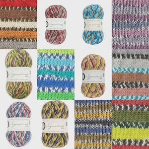 May include: A selection of multi-coloured yarn balls and knitted fabric samples. The yarn displays a variety of hues, including red, blue, green, and yellow. The knitted swatches show striped and patterned designs, perfect for knitting and crochet projects.