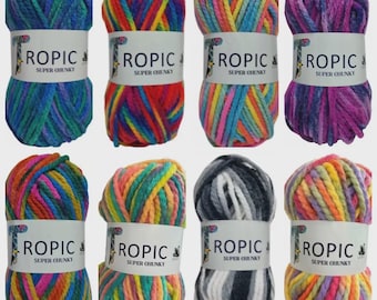 May include: Eight skeins of ROPIC Super Chunky yarn in various colors. The yarn colors include blue, red, rainbow, pink, purple, orange, black and white, and yellow. Each skein has a white label with the brand name.