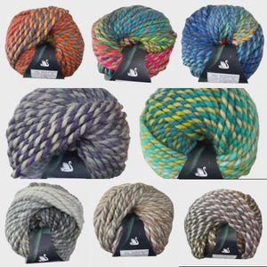 Puede incluir: Una colección de ovillos de lana colorida. La lana es gruesa y voluminosa, con una variedad de colores que incluyen naranja, morado, azul, verde y gris. Cada ovillo tiene una etiqueta con un logotipo de cisne. Ideal para proyectos de punto y ganchillo.