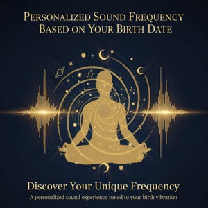 Może przedstawiać: Złota ilustracja na ciemnoniebieskim tle. Obraz przedstawia osobę w pozycji siedzącej jogi, otoczoną elementami niebieskimi i grafiką fal dźwiękowych. Tekst brzmi: "SPERSONALIZOWANA CZĘSTOTLIWOŚĆ DŹWIĘKU NA PODSTAWIE DATY URODZENIA" i "Odkryj swoją unikalną częstotliwość."