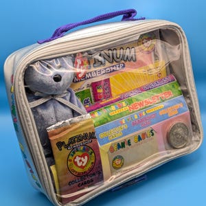 Könnte beinhalten: Eine transparente, mit Reißverschluss versehene Lunchbox-ähnliche Tasche mit einem blauen Plüschbären, Sammelkarten und einer Münze. Die Tasche hat einen lila Griff und ist mit Beanie Babies-Erinnerungsstücken gefüllt.