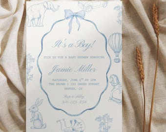 It's A Boy Editable Baby Shower Invitation, Toile De Jouy Blue Baby Shower Invitation, Dusty Blue Shower Invite, Toile, Digital Download