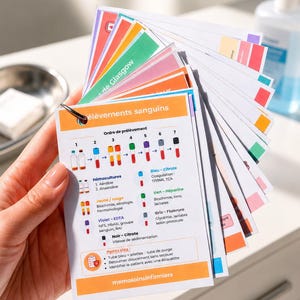 May include: A set of educational reference cards for medical blood collection procedures, bound by a metal ring. The cards feature color-coded diagrams of test tubes, French text labels, and instructions for clinical laboratory blood sampling.