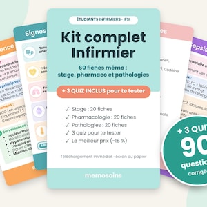 Complete nursing study guide kit (PDF): 60 study guides for nursing school (IFSI) + 3 quizzes with answers, covering clinical placements, pharmacology, pathologies, and nursing student revision.