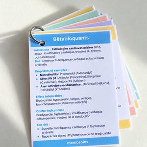 Peut inclure: Un jeu de fiches pédagogiques reliées par un anneau métallique. La carte supérieure est bleue et blanche avec le titre Bêtabloquants, détaillant les indications, propriétés, effets indésirables, contre-indications et rôles en texte.