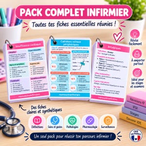 May include: A set of three ring-bound educational flashcards for nursing students, featuring medical topics like heart failure, peripheral catheters, and analgesics. The cards include text in French, diagrams, and icons, presented with a stethoscope.