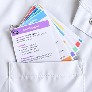 Peut inclure: Un jeu de fiches de référence blanches reliées par un anneau métallique, avec des en-têtes colorés et du texte médical en français. La fiche supérieure est violette avec le titre Anxiolytiques, listant indications, buts, exemples et effets.