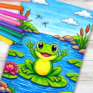 Frog Coloring Page, Pond Lily Pads (Digital Download PDF Printable