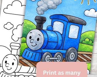 Train Coloring Page instant digital download PDF Printable Bold-Easy Kids Tracks Outdoor Scene