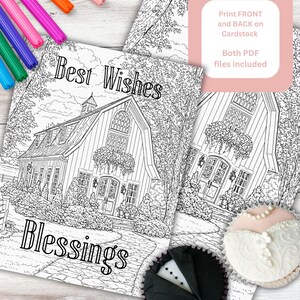May include: Black and white coloring book greeting cards with the words "Best Wishes" and "Blessings" above and below a detailed illustration of a barn. The cards are accompanied by colorful markers and decorated cupcakes.