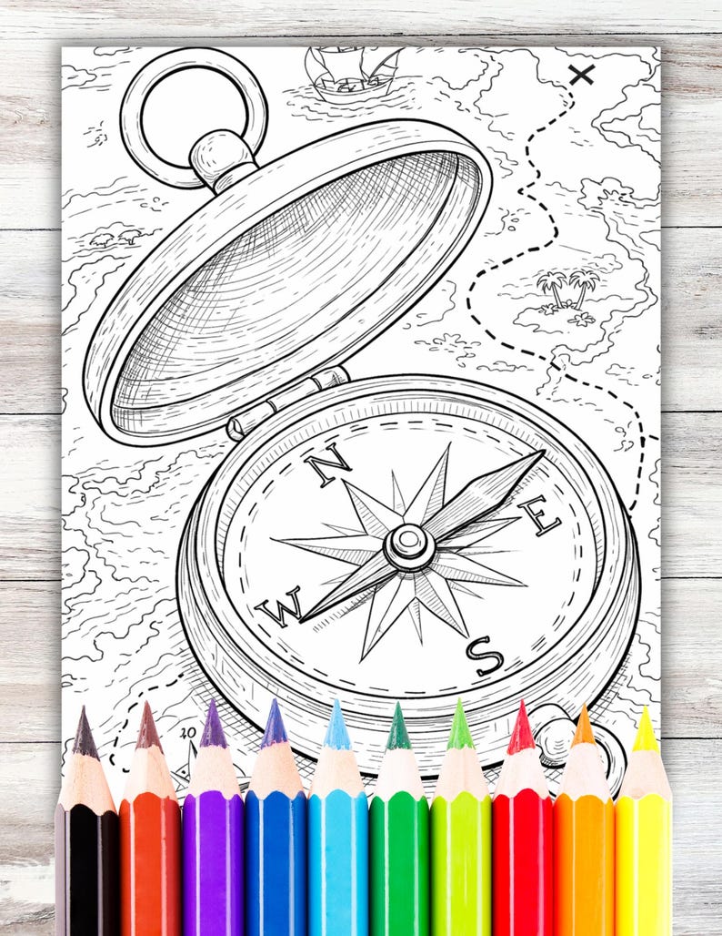 Compass Coloring Page Instant Digital Download PDF Printable Map Travel ...