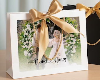 Personalisierte Hochzeitsfoto-Geschenktaschen, kundenspezifische Braut-& Bräutigambild-Bevorzugungstaschen mit Griffen, Brautjungfer-Vorschlag / Willkommen / Dankeschön-Tasche