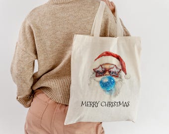 Fun Modern Santa Christmas Tote Bag | Merry Christmas Canvas Tote | Festive Holiday Gift Bag | Reusable Eco-Friendly Shopping Tote For Other