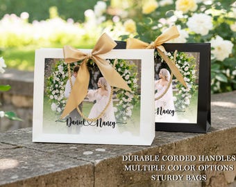 Personalisierte Hochzeitsfoto-Geschenktaschen / benutzerdefinierte Bandschleifen-Geschenktaschen / Hochzeit-Willkommen-Taschen / Brautjungfer-Geschenktaschen / Danke, die Taschen bevorzugen / Gastgeschenke