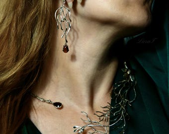 Mistletoe Garnet Jewelry Set | Handcrafted Art Necklace & Earrings | Nature Inspired