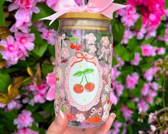 Cherry Coquette Glass Tumbler Cup- Cherry aesthetic glass cup, Cherry lover gift, coquette whimsical cottagecore gift
