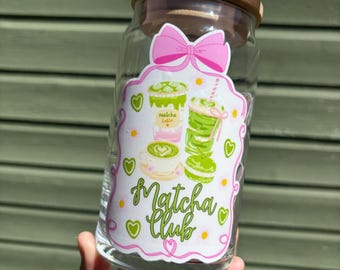 Matcha club Glass Tumbler Cup- matcha gift, matcha lover, matcha cup, kawaii, cottagecore, coquete, whimsical gift