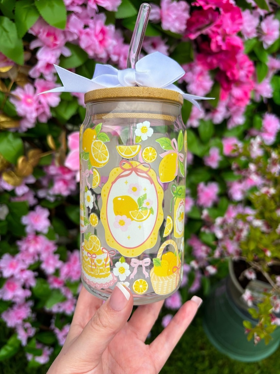 Lemon Glass Tumbler Cup- Lemon lover gift, coquette lemon, lemon glass cup, lemon cup, lemon gift, Cottagecore whimical  gift.