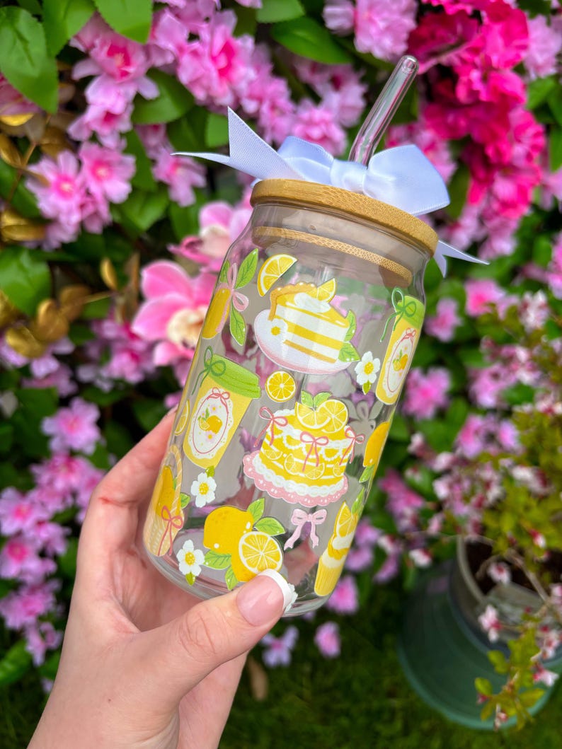 Lemon Glass Tumbler Cup- Lemon lover gift, coquette lemon, lemon glass cup, lemon cup, lemon gift, Cottagecore whimical gift. image 2