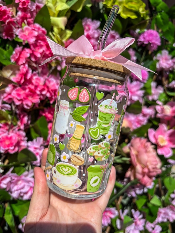 Matcha Glass Tumbler Cup- matcha gift, matcha lover, matcha cup, kawaii, cottagecore, coquete, whimsical gift