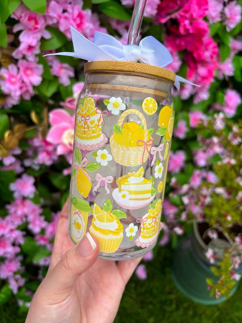 Lemon Glass Tumbler Cup- Lemon lover gift, coquette lemon, lemon glass cup, lemon cup, lemon gift, Cottagecore whimical gift. image 3