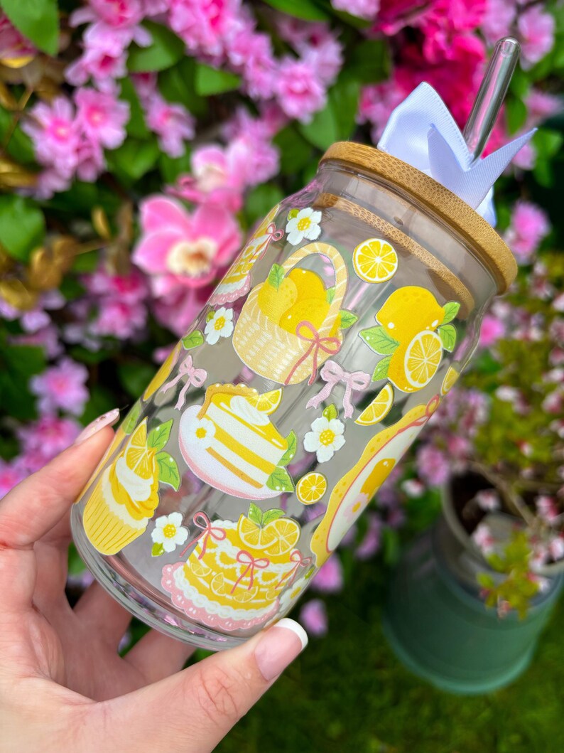 Lemon Glass Tumbler Cup- Lemon lover gift, coquette lemon, lemon glass cup, lemon cup, lemon gift, Cottagecore whimical gift. image 4
