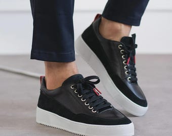 22byMali Rio Men’s Handmade Leather Sneakers | Premium Casual Fashion Shoes | Stylish Everyday | Black Red