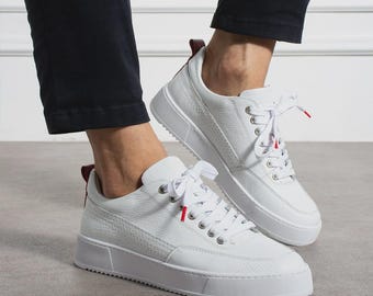 22byMali Rio Men’s Handmade Leather Sneakers | Premium Casual Fashion Shoes | Stylish Everyday | White Red
