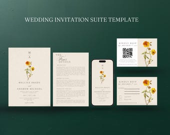 Minimalist Wildflower Wedding Invitation Suite | Editable Wedding Template Bundle | Boho Floral Design