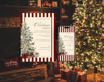 Christmas Party Invitation Template | Red Stripe Holiday Invite | Festive Winter Celebration Evite
