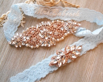 NO SLIP Wedding Garter Set MONOGRAM Option Lingerie Lace Rhinestones and Pearls Setting Bridal Garter Set