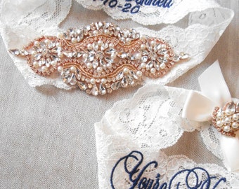 NO SLIP Wedding Garter Set MONOGRAM Option Lingerie Lace Rhinestones and Pearls Setting Bridal Garter Set