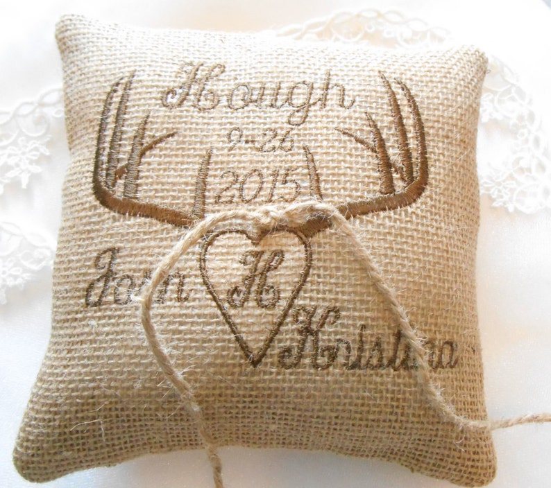 Monogrammed Wedding Pillow DEER ANTLERS Burlap Ring Bearer Etsy
