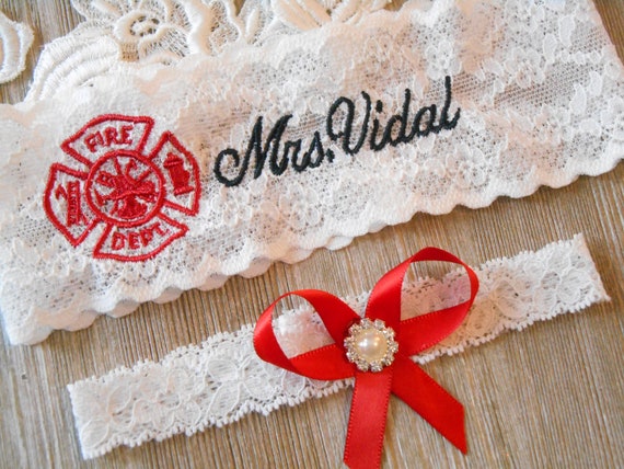 Handmade Firefighter's Wife Fireman Wedding Garter White lace Badge Number name 