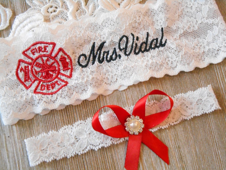 Wedding Garter Mrs Firefighter Garter Set Bridal Garter Floral Stretch Lace Bridal Garter Single Garter