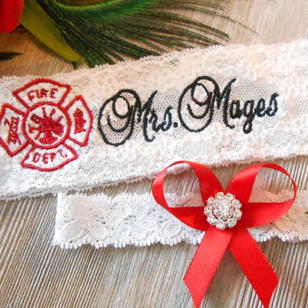 Wedding Garter Mrs Firefighter Garter Set Bridal Garter Floral Stretch Lace Bridal Garter Single Garter