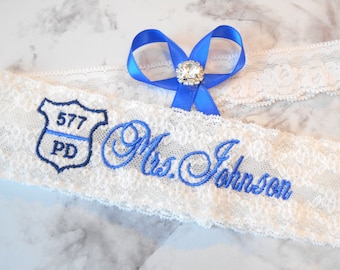 Police Blue Line Wedding Garter PD Police Dept Garter Set Bridal Garter Floral Stretch Lace Bridal Garter Single Garter