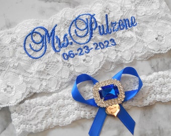 MONOGRAMMED Royal Blue Wedding Garter Set Bridal Garter Floral Stretch Lace Bridal Garter Single Garter