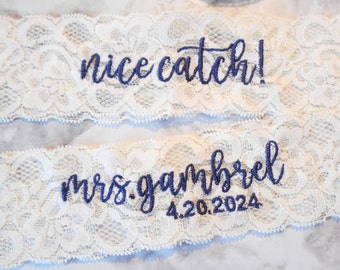 Wedding Garter MONOGRAMMED With Date  Bridal Garter Floral Stretch Lace Bridal Garter Single Garter